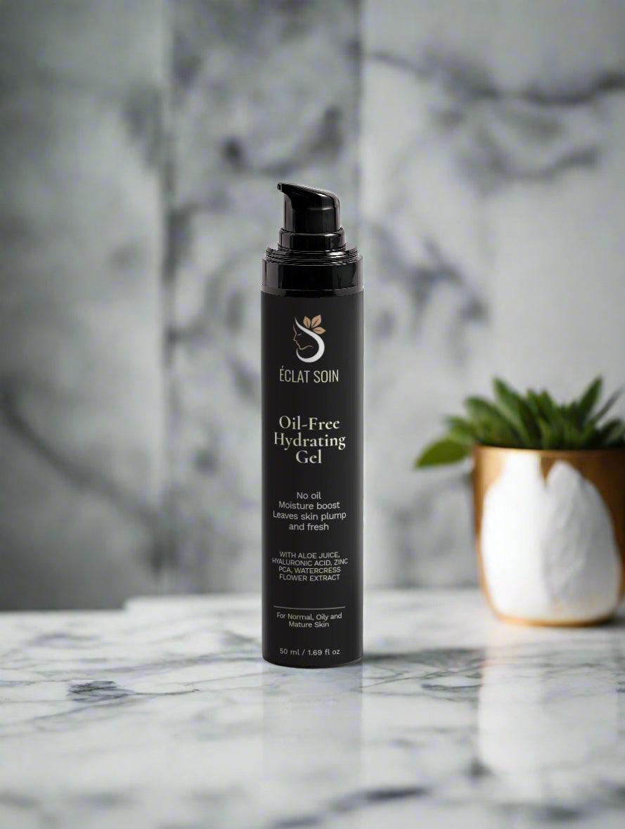 Eclat Soin Oil-Free Hydrating Gel in a sleek pump bottle on a marble surface